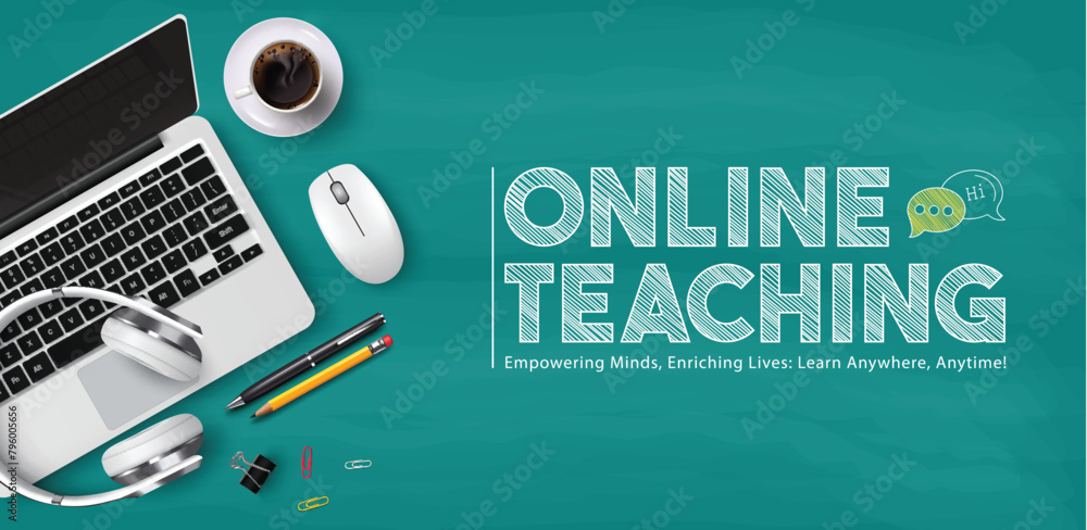Poster online teaching vector template design. back to school online teaching text with laptop computer e l