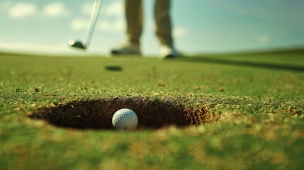 A golfer celebrating after successfully sinking a putt, with the ball disappearing into the hole and the putter raised in triumph