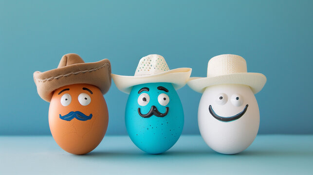 Easter Eggs with Cowboy Hats and Drawn Faces on Blue Background..