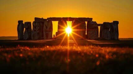 The sun rising behind the ancient monument of Stonehenge during the summer solstice, capturing the alignment of the stones with the sun - obrazy, fototapety, plakaty