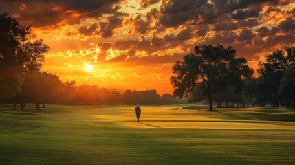 A breathtaking sunrise casting an orange glow over a pristine golf course with a lone golfer walking towards the first tee - obrazy, fototapety, plakaty