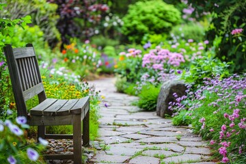 Garden with blooming flowers, stone paths and wooden benches - obrazy, fototapety, plakaty
