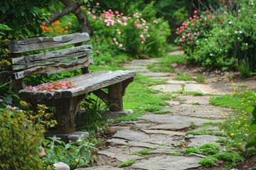 Garden with blooming flowers, stone paths and wooden benches - obrazy, fototapety, plakaty