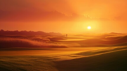 A breathtaking sunrise casting an orange glow over a pristine golf course with a lone golfer walking towards the first tee - obrazy, fototapety, plakaty