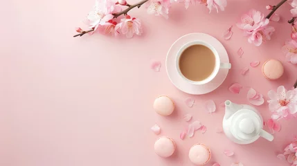 Plexiglas foto achterwand 春をイメージしたピンク素材　桜とコーヒーカップとマカロン © 背景JAPAN