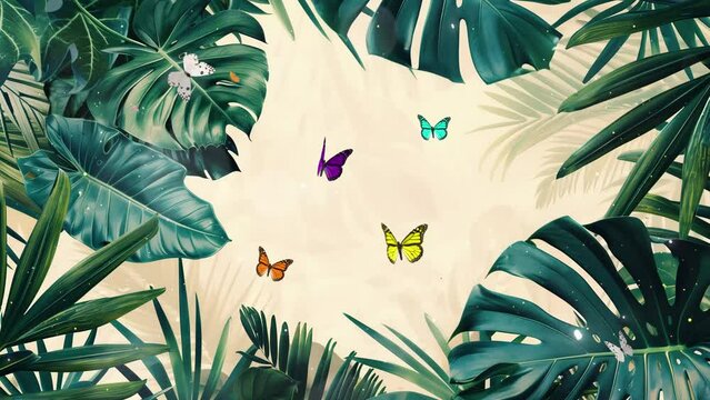 trendy summer border with green tropical leaves on pastel background. seamless looping overlay 4k virtual video animation background