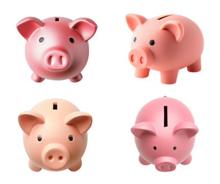 Set of pink piggy banks isolated on transparent background