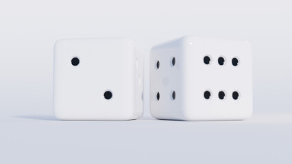 Close-up minimalist view of white dices on blank isolated white background - 3D Render