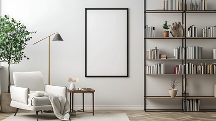 Blank vertical poster mock up with black frame on the wall in living room interior with bookshelf armchair coffee table and floor lamp - obrazy, fototapety, plakaty