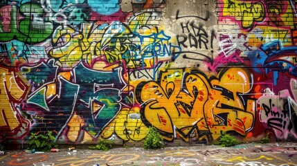Vibrant painting of a brick wall background adorned with graffiti and street art.
