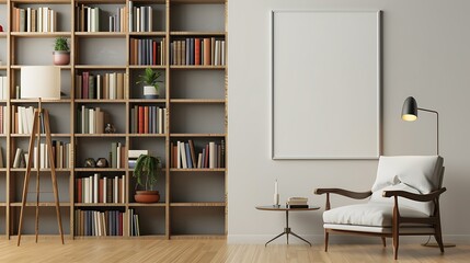 Fototapeta na wymiar Blank wall mock up in living room interior with bookshelf armchair coffee table and floor lamp