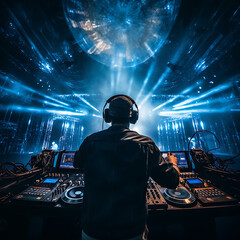 DJ commanding the turntables at a vibrant nightclub with dynamic beams of light casting through the enthusiastic crowd. Generative AI