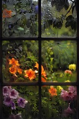 A tranquil garden captured through a rainy window