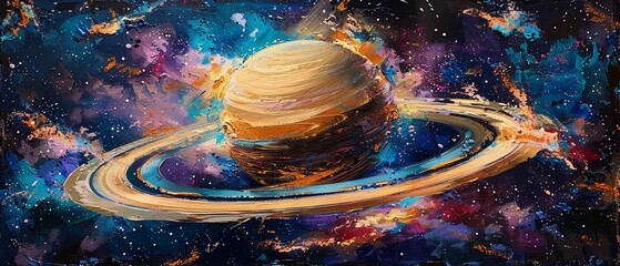 Oil painted abstract portrayal of Saturn using a palette knife, on a backdrop of deep space and stars, accented with vibrant colors 