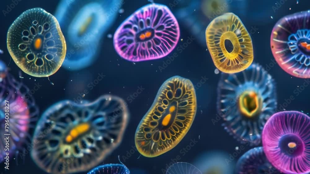 Poster a of microscopic protozoa species each exhibiting a different shape and movement pattern highlightin