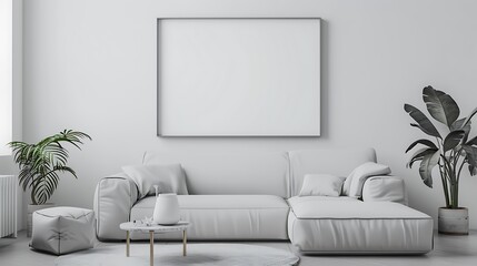 Bright living room design frame mockup in minimal interior background