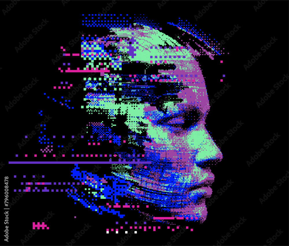 Poster glitched and pixelated silhouette of a 3d human head on a dark background. conceptual vector illustr