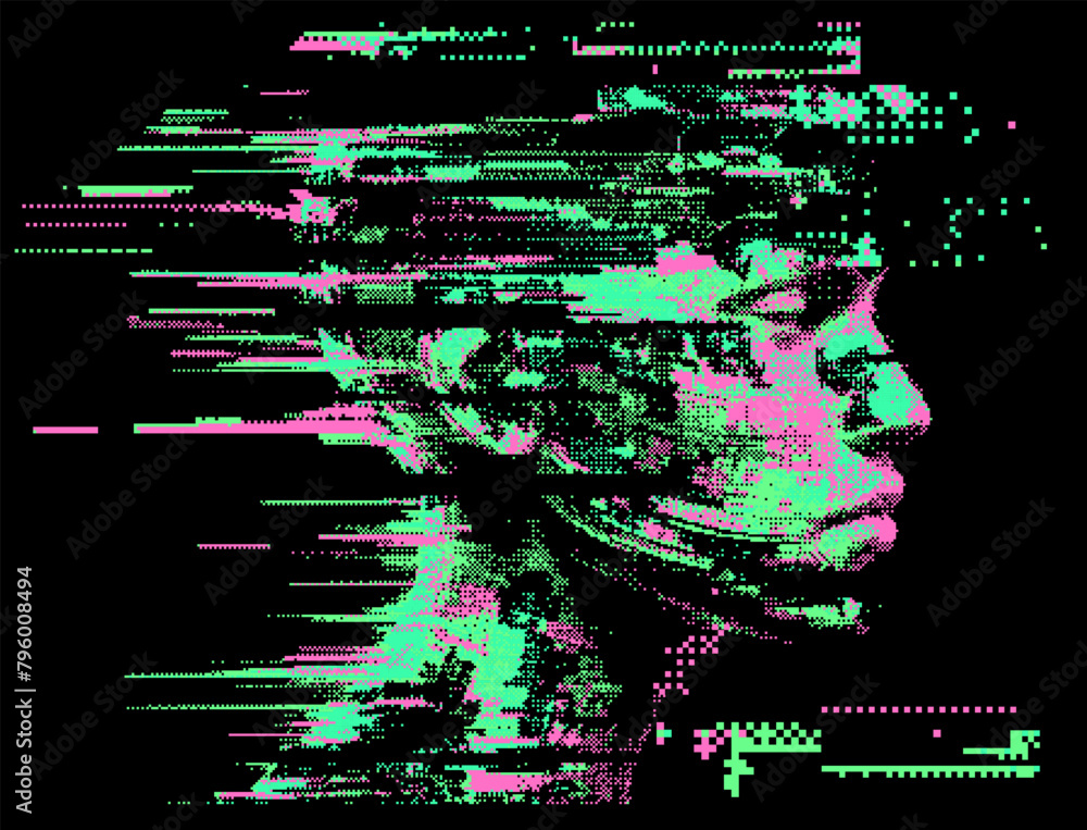 Poster glitched and pixelated silhouette of a 3d human head on a dark background. conceptual vector illustr