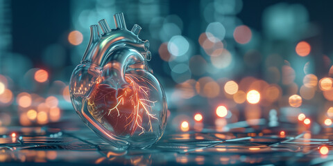 Futuristic Heart Model on Reflective Surface with City Lights Bokeh..