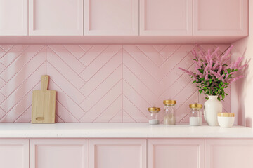 Pink herringbone tiled backsplash and beige wall with copy space. Modern minimalist interior design of kitchen cabinets. soft tone