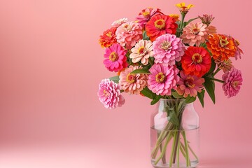 A conventional glass vase brimming with an array of vivid Zinnia blooms over a pale pastel pink backdrop summer blossoms for mother and space, Generative AI.