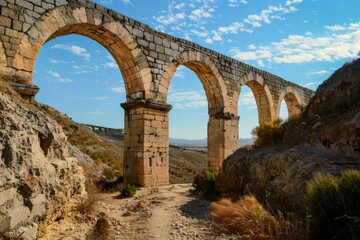 Envision the grandeur of an ancient aqueduct, its towering arches and crumbling conduits bearing witness to the ingenuity of a lost civilization, Generative AI