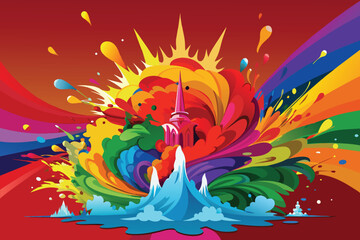 colorful rainbow holi paint color powder explosion vector, isolated wide Turkish Red panorama background