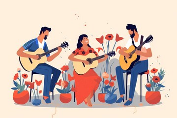 Three people are playing guitars and singing. There are flowers and plants around them.