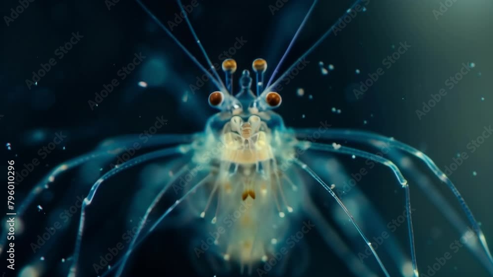 Poster an image of a copepod a common type of zooplankton with a round body and long antennae. . ai generat
