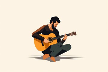 The man is sitting on the ground with a beard is playing an acoustic guitar.