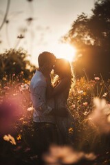 Romantic Couple Embracing in a Sun-Drenched Field of Wildflowers During Golden Hour, With Warm Sunlight Filtering Through, Generative AI