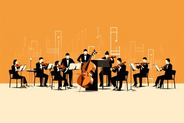 An illustration of a small orchestra with 8 musicians. They are all wearing suits and playing string instruments.