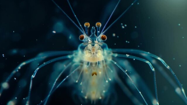 An image of a copepod a common type of zooplankton with a round body and long antennae. . AI generation.