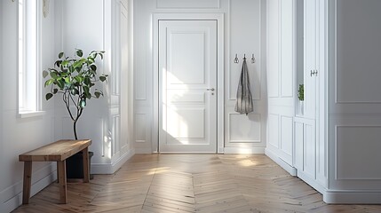 Front Door Entrance To House With White Cabinets And Coat Hanger In Corridor