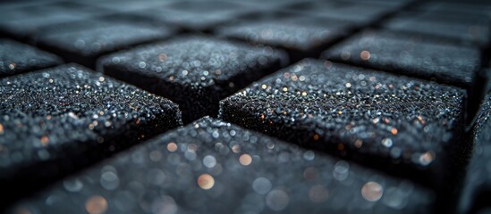 Shiny black surface showcasing an abundance of small water droplets spread across