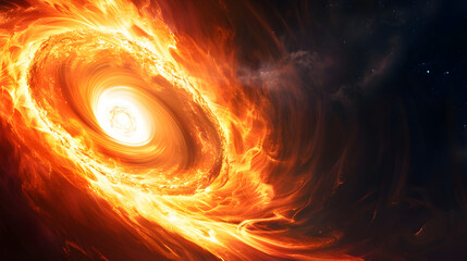 Abstract background of the black hole from plate type star, glowing orange and yellow light swirls on dark space.