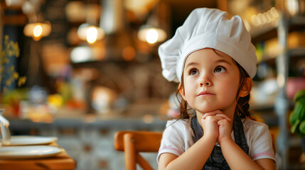 Little girl in chef's attire gazes thoughtfully in a bistro setting, embodying culinary aspirations