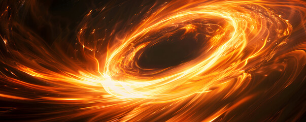 Abstract background of the black hole from plate type star, glowing orange and yellow light swirls on dark space.
