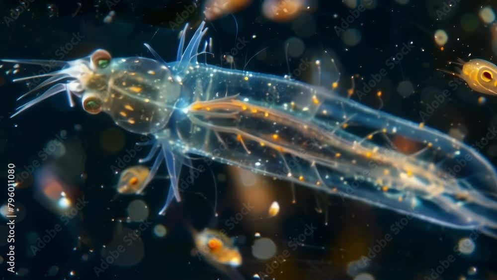 Poster a zooplankton with a transparent body showcasing its and beating cilia. it is surrounded by smaller 