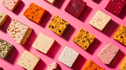 A vibrant array of handmade soaps displayed in a pattern against a striking pink background, showcasing various textures and colors.
