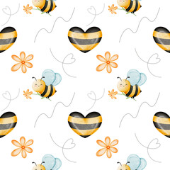 Watercolor seamless pattern cute bee and flower.