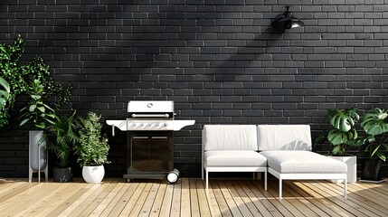 Grill and white garden furniture on wooden floor of terrace with plants and black brick wall