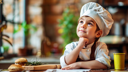 Young aspiring chef with a dreamy expression wearing a chef's hat in a kitchen setting