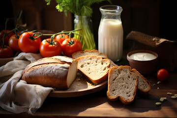 The healthy breakfast scene, including nutritious foods such as milk, bread, and vegetables, was shot in a bright environment using a medium-focus lens. It presents clear details and saturated colors 