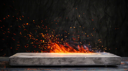 Fiery sparks rising from a concrete block against dark background depicting industrial heat and energy