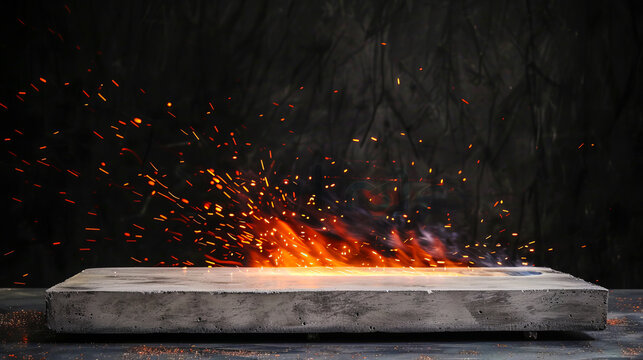 Fiery sparks rising from a concrete block against dark background depicting industrial heat and energy