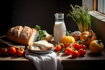 The healthy breakfast scene, including nutritious foods such as milk, bread, and vegetables, was shot in a bright environment using a medium-focus lens. It presents clear details and saturated colors 