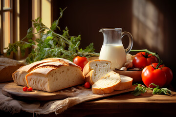 The healthy breakfast scene, including nutritious foods such as milk, bread, and vegetables, was shot in a bright environment using a medium-focus lens. It presents clear details and saturated colors 