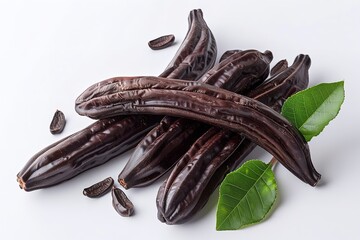 A close shot of fresh carobs with carob green leaves on a plain white backdrop with a big space for text or product advertisement background, Generative AI.