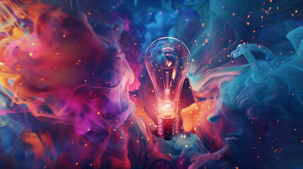 Illuminated Light Bulb Amidst Ethereal Smoke and Abstract Colors